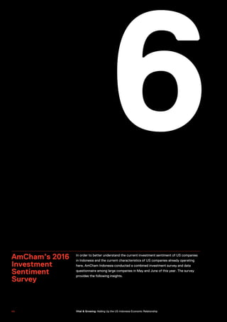 6
AmCham’s 2016
Investment
Sentiment
Survey
In order to better understand the current investment sentiment of US companies
in Indonesia and the current characteristics of US companies already operating
here, AmCham Indonesia conducted a combined investment survey and data
questionnaire among large companies in May and June of this year. The survey
provides the following insights.
4 64 6 Vital & Growing: Adding Up the US-Indonesia Economic Relationship
 