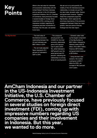 Key
Points
What is the real value for Indonesia
of its economic relationship with the
United States? AmCham Indonesia
and our partner in the US-Indonesia
Investment Initiative, the U.S. Chamber
of Commerce, have previously focused
in several studies on foreign direct
investment (FDI), coming up with
impressive numbers regarding US
companies and their involvement in
Indonesia. But this year, we wanted
to do more.
We set out to try and quantify the
totality of the US-Indonesia economic
relationship, to include not just FDI,
but also trade, domestic sales, finance
and government revenue. Together
these five components equal the
Big Number, which captures the
enormous importance of the economic
engagement between these two major
powers. Here are some of the key
findings from the main report.
+ The total value of
the bilateral economic
relationship between the
US and Indonesia was
$90.1 billion in 2014.
+ The net trade adjusted
figure represents 10.1
percent of Indonesia’s
GDP in 2014.
The Big Number + The compound
annual growth rate
(CAGR) for the total
economic relationship
grew at 8.0 percent
over 5 years (2010-
15), while Indonesia’s
GDP growth over the
same period was 5.5
percent, indicating the
relationship is a strong
driver of overall growth.
+ Domestic sales make
up the largest component
of the Big Number at
$34.1 billion, followed by
bilateral trade at $27.6
billion, FDI at $14.7 billion,
finance at $11.8 billion
and government revenue
at $1.8 billion.
+ Using the best case
scenario, the number
could grow to $131.7
billion by 2019—an
increase of 46.2 percent
over 5 years.
AmCham Indonesia and our partner
in the US-Indonesia Investment
Initiative,the U.S.Chamber of
Commerce, have previously focused
in several studies on foreign direct
investment (FDI), coming upwith
impressive numbers regarding US
companies and their involvement
in Indonesia. But this year,
we wanted to do more.
66 Vital & Growing: Adding Up the US-Indonesia Economic Relationship
 