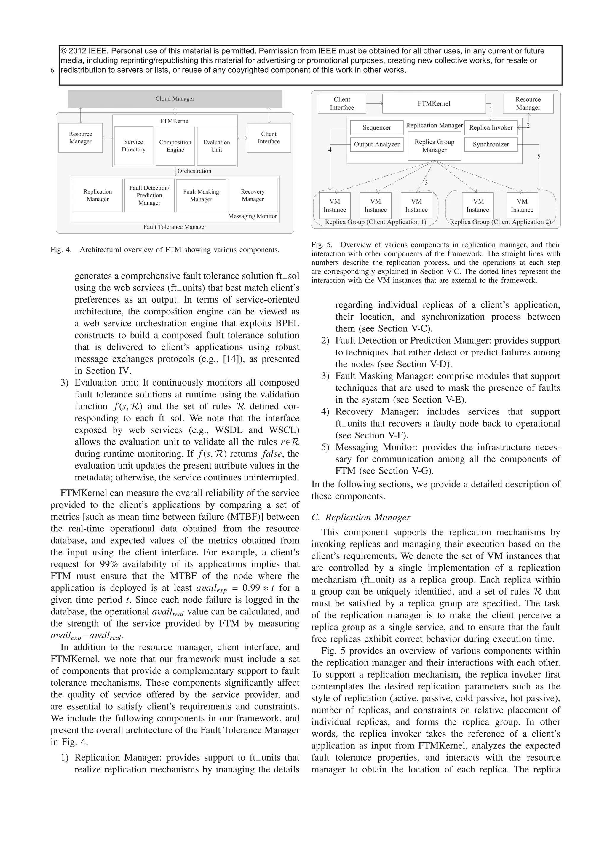 © 2012 IEEE. Personal use of this for inclusionpermitted. issue of this journal. Content is be obtained for all other uses, in any pagination. future
This article has been accepted material is in a future Permission from IEEE must final as presented, with the exception of current or
media, including reprinting/republishing this material for advertising or promotional purposes, creating new collective works, for resale or
6 redistribution to servers or lists, or reuse of any copyrighted component of this work in other works.
IEEE SYSTEMS JOURNAL

Fig. 4. Architectural overview of FTM showing various components.

generates a comprehensive fault tolerance solution ft− sol
using the web services (ft− units) that best match client’s
preferences as an output. In terms of service-oriented
architecture, the composition engine can be viewed as
a web service orchestration engine that exploits BPEL
constructs to build a composed fault tolerance solution
that is delivered to client’s applications using robust
message exchanges protocols (e.g., [14]), as presented
in Section IV.
3) Evaluation unit: It continuously monitors all composed
fault tolerance solutions at runtime using the validation
function f (s, R) and the set of rules R deﬁned corresponding to each ft− sol. We note that the interface
exposed by web services (e.g., WSDL and WSCL)
allows the evaluation unit to validate all the rules r∈R
during runtime monitoring. If f (s, R) returns false, the
evaluation unit updates the present attribute values in the
metadata; otherwise, the service continues uninterrupted.
FTMKernel can measure the overall reliability of the service
provided to the client’s applications by comparing a set of
metrics [such as mean time between failure (MTBF)] between
the real-time operational data obtained from the resource
database, and expected values of the metrics obtained from
the input using the client interface. For example, a client’s
request for 99% availability of its applications implies that
FTM must ensure that the MTBF of the node where the
application is deployed is at least availexp = 0.99 ∗ t for a
given time period t. Since each node failure is logged in the
database, the operational availreal value can be calculated, and
the strength of the service provided by FTM by measuring
availexp −availreal .
In addition to the resource manager, client interface, and
FTMKernel, we note that our framework must include a set
of components that provide a complementary support to fault
tolerance mechanisms. These components signiﬁcantly affect
the quality of service offered by the service provider, and
are essential to satisfy client’s requirements and constraints.
We include the following components in our framework, and
present the overall architecture of the Fault Tolerance Manager
in Fig. 4.
1) Replication Manager: provides support to ft− units that
realize replication mechanisms by managing the details

Fig. 5. Overview of various components in replication manager, and their
interaction with other components of the framework. The straight lines with
numbers describe the replication process, and the operations at each step
are correspondingly explained in Section V-C. The dotted lines represent the
interaction with the VM instances that are external to the framework.

regarding individual replicas of a client’s application,
their location, and synchronization process between
them (see Section V-C).
2) Fault Detection or Prediction Manager: provides support
to techniques that either detect or predict failures among
the nodes (see Section V-D).
3) Fault Masking Manager: comprise modules that support
techniques that are used to mask the presence of faults
in the system (see Section V-E).
4) Recovery Manager: includes services that support
ft− units that recovers a faulty node back to operational
(see Section V-F).
5) Messaging Monitor: provides the infrastructure necessary for communication among all the components of
FTM (see Section V-G).
In the following sections, we provide a detailed description of
these components.
C. Replication Manager
This component supports the replication mechanisms by
invoking replicas and managing their execution based on the
client’s requirements. We denote the set of VM instances that
are controlled by a single implementation of a replication
mechanism (ft− unit) as a replica group. Each replica within
a group can be uniquely identiﬁed, and a set of rules R that
must be satisﬁed by a replica group are speciﬁed. The task
of the replication manager is to make the client perceive a
replica group as a single service, and to ensure that the fault
free replicas exhibit correct behavior during execution time.
Fig. 5 provides an overview of various components within
the replication manager and their interactions with each other.
To support a replication mechanism, the replica invoker ﬁrst
contemplates the desired replication parameters such as the
style of replication (active, passive, cold passive, hot passive),
number of replicas, and constraints on relative placement of
individual replicas, and forms the replica group. In other
words, the replica invoker takes the reference of a client’s
application as input from FTMKernel, analyzes the expected
fault tolerance properties, and interacts with the resource
manager to obtain the location of each replica. The replica

 