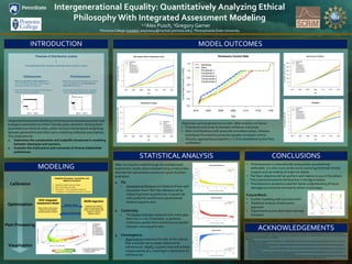 Intergenerational Equality: Quantitatively Analyzing Ethical
Philosophy With Integrated Assessment Modeling
1,2Alex Pusch, 2Gregory Garner
INTRODUCTION
MODELING
MODEL OUTCOMES
STATISTICALANALYSIS CONCLUSIONS
IntegratedAssessment Modeling combines and evaluates economic and
ecological parameters to inform climate policy decisions. Among these
parameters are discount rates, which serve as intertemporal weightings
between generations and often carry underlying utilitarian assumptions.
This study aims to:
1. Determine the complexities and tradeoffs introduced in modeling
between ideologies and opinions.
2. Evaluate the implications and outcomes of diverse stakeholder
preferences.
After running the model through the multiple seed
experiment, results were evaluated using 3 criteria that
describe the optimization process at a given function
evaluation.
1. Fit:
• Generational Distance is a measure of how well
the pareto-front “fits” the reference set by
measuring mean squared error.A pareto set
with perfect fit would have a generational
distance equal to zero.
2. Continuity:
• The Epsilon Indicator measures how many gaps
there are in a set of solutions. A perfectly
continuous pareto-front would have an epsilon
indicator value equal to zero.
3. Convergence:
• Hypervolume measures the ratio of the volume
that a solution set occupies relative to its
reference set. Ideally, a pareto-front will achieve
a hypervolume of 1, meaning it is identical to its
reference set.
0.0
0.2
0.4
0.6
0.8
1.0
1.2
Emissions Control Rate
Year
ControlRate[FractionofGHG]
2010 2035 2060 2085 2110 2135 2160
Nordhaus
Stern
Prioritarian 1
Prioritarian 2
Compromise 1
Compromise 2
Compromise 3
0
2
4
6
8
Net Present Value of Abatement Costs
Year
Cost[trillions2005USD]
2010 2035 2060 2085 2110 2135 2160
Nordhaus
Stern
Prioritarian 1
Prioritarian 2
Compromise 1
Compromise 2
Compromise 3
0
50
100
150
200
250
300
Social Cost of Carbon
Year
Cost[2005USDpertonCO2]
2010 2035 2060 2085 2110 2135 2160
Nordhaus
Stern
Prioritarian 1
Prioritarian 2
Compromise 1
Compromise 2
Compromise 3
1.0
1.5
2.0
2.5
3.0
Temperature Change
Year
TemperatureChange[degCsince1900]
2010 2035 2060 2085 2110 2135 2160
Nordhaus
Stern
Prioritarian 1
Prioritarian 2
Compromise 1
Compromise 2
Compromise 3
0
2
4
6
8
10
12
14
Damages
Year
Cost[trillions2005USD]
2010 2035 2060 2085 2110 2135 2160
Nordhaus
Stern
Prioritarian 1
Prioritarian 2
Compromise 1
Compromise 2
Compromise 3
Objectives were projected out to 2160. After analysis, we found:
• Prioritarian outcomes lie between utilitarian outcomes.
• Stern and Nordhaus both prescribe immediate action, whereas
prioritarian frameworks prescribe steadier emissions control.
• All policy approaches exceed the 2° C limit established by the Paris
conference.
ACKNOWLEDGEMENTS
This work was supported by the National Science Foundation through the Network forSustainable Climate Risk Management (SCRiM) under NSF cooperative
agreement GEO-1240507.Anyopinions, findings, and conclusions or recommendations expressed in this material are those ofthe author(s) and do not necessarily
reflect the views ofthe National Science Foundation.
References:
1. Adler, Matthew D., and Nicolas Treich. "Prioritarianism and Climate Change." Environmental and Resource Economics Environ Resource Econ 62.2 (2015): 279-
308.Springer. Web. 1 July 2016.
2. Garner, Gregory, Patrick Reed, and Klaus Keller. "Climate Risk Management Requires Explicit Representation ofSocietal Trade-offs." Climatic Change134.4
(2016): 713-23.Web. 25May 2016.
3. Hadka, David, and Patrick Reed. "Borg: AnAuto-Adaptive Many-Objective Evolutionary Computing Framework." EvolutionaryComputation 21.2 (2013):231-
59.Web. 25May 2016.
4. Reed, P.m., D.Hadka, J.d. Herman, J.r.Kasprzyk, and J.b. Kollat. "Evolutionary Multiobjective Optimization in Water Resources:The Past, Present, and
Future." Advancesin WaterResources 51 (2013):438-56.Web. 25May 2016.
5. Ward, Victoria L., Riddhi Singh, Patrick M. Reed, and Klaus Keller. "ConfrontingTipping Points: Can Multi-objective Evolutionary Algorithms Discover Pollution
ControlTradeoffs given Environmental Thresholds?” Environmental Modelling& Software 73 (2015): 27-43.Web. 25May 2016.
• Prioritarianism is more ethically and possibly quantitatively
defensible. It is also more conducive to capturing threshold climate
impacts such as melting of major ice sheets.
• The Stern objective did not perform well relative to any of the others.
This is demonstrated by the blue line in the figure below.
• Prioritarianism presents a need for better understanding of future
damages as outcomes are heavily reliant on damages.
FutureWork:
• Further modeling with prioritarianism
• Statistical analysis of each policy
approach
• Experiments across alternative damage
functions
1Pomona College (contact: awp02014@mymail.pomona.edu), 2Pennsylvania State University
Preference
Stern Nordhaus Prioritarian 1 Prioritarian 2
η=1.5, δ=.001 η=1.45, δ=.015 γ=1.5 γ=2.5
 