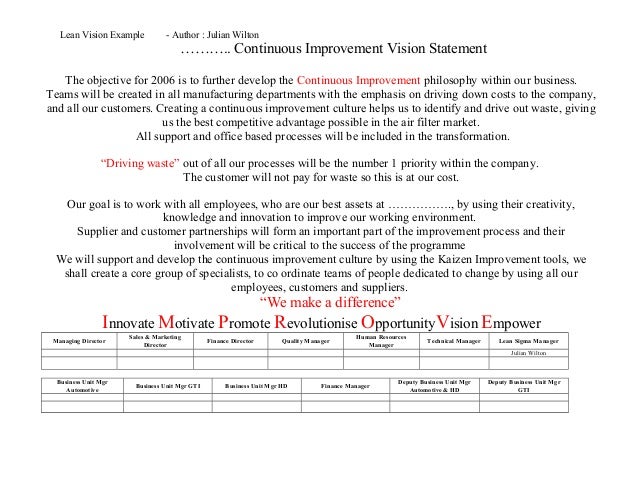 creating a vision statement examples Company lean vision statement example.