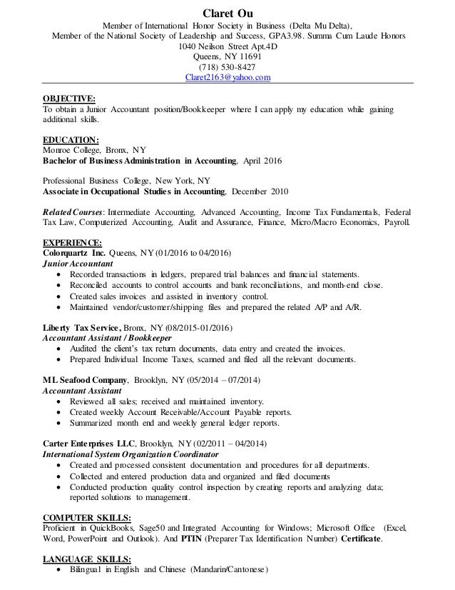 claret ou resume junior accountant junior bookkeeper resume