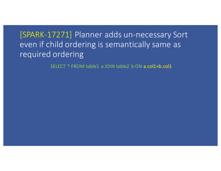 [SPARK-17271]	Planner	adds	un-necessary	Sort	
even	if	child	ordering	is	semantically	same	as	
required	ordering
SELECT	*	F...