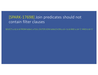[SPARK-17698]	Join	predicates	should	not	
contain	filter	clauses
SELECT	a.id,	b.id FROM	table1	a	FULL	OUTER	JOIN	table2	b	...