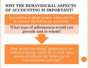 WHY THE BEHAVIOURAL ASPECTS
OF ACCOUNTING IS IMPORTANT?
 