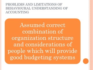 PROBLEMS AND LIMITATIONS OF
BEHAVIOURAL UNDERSTANDING OF
ACCOUNTING
 