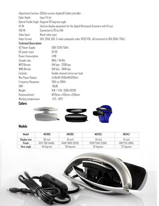 Colors
Models
Adjustment Function: OSD(on-screen display)& Cable controller
Color Depth: Input 24-bit
Optical Visible Angle: Diagonal 28 degrees angle
AV IN: Used as display equipment for the digital Ultrasound Scanners with AV out.
VGA IN: Connected to PC by VGA
Video Input: Mixed video input
Video Format: VGA, SVGA, XGA, S-video composite video, NTSC/PAL, all converted to VGA (60Hz-75Hz).
Technical Description
AC Power Supply: 100V-220V/50Hz
DC power input: 9V DC
Power Consumption 4.9W
Sample rate: 8KHz / 16 KHz
MP3 Bitrate: 64K bps - 320K bps
WMA Bitrate: 64K bps - 384K bps
Earbuds: Double-channel stereo ear buds
Max Power Output: (L)10mW+(R)10mW(320)hm
Frequency Response: 20Hz to 20KHz
SNR >85dB
Weight: N.W. / G.W.: 260G/1020G
Dimension(mm) W170mm x H35mm x D58mm
Working temperature -5°C- 40°C
Model MDV80 MDV68 MDV50 MDV42
Display size 80 inch 56 inch 50 inch 42 inch
Pixels 1024*768 (1440k) 640H*480V (922K) 320H*240V (230K) 800*225 (180k)
View angle 40 degrees 28 degrees 26 degrees 22 degrees
 
