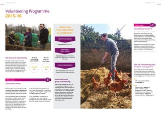 5CSR Report 2014-15 CSR Report 2014-154
The future of volunteering
This year, we aim to turn even more
potential volunteering hours into actual
hours, not least by doing more to help
everyone who wants to volunteer to find
an opportunity. Every Buzzacott team
member is given 14 hours of working
time per year for volunteering and this
can be used in lots of different ways.
2015-16
volunteering
hours available:
2015-16
target for
hours taken:
4,424
Hrs
1,100
Hrs
One-off volunteering days:
The 2015-16 programme
This is what we have on the schedule
so far, but we continue to research new
opportunities (especially indoor activities
to contrast with all the farms, rivers and
canals). Suggestions are always welcome.
2015
•	 Gift wrapping (City YMCA) –
14 December 15
2016
•	 The Posh Club – January 16
•	 AHOY – 17 February 16
•	 Spitalfields City Farm – May 16
•	 Canal  River Trust – Summer 16
•	 Charlton Athletic – August 16
•	 Hackney City Farm – September 16
VOLUNTEERING TIME ON PE
Volunteering done during work time
should be entered into Practice Engine
under the INT code - select ‘Volunteering/
Stuart Defries’ from the drop-down
Analysis list and enter the project/activity
name in the narrative box.
Reading Partners and The Access Project
volunteers or those wanting to claim
time back for volunteering outside office
hours – see Ellie in the first instance.
How it works
How it works
VOLUNTEERING ADMIN
Buzzacott allows every member of staff
14 hours of work time per financial year,
not including travel time, to take part in
voluntary activities. How do you do this?
Group volunteering days are advertised
by email and on notice boards.To take
part, let the CSR team (see p. 10 for
details) know that you’re interested and
check that there are spaces left.Then
fill in a one-off volunteering form (and
health  safety declaration) for your
manager to sign.When signed, just send
this to Siân.
Volunteering Programme
2015-16
Your own project, either one off or
on-going (e.g., school governorship)
TOTALLY INDEPENDENT
Organised by you but with advice,
support and ideas from your Buzzacott
CSR team
INDIVIDUAL/
SMALL GROUP
Fully organised by the firm
GROUP CHALLENGES
Individual/small
group volunteering
This is a new initiative for 2015-16.
It was originally designed to help
trainees and those who are often out
of the office, but we hope it will have
a wider appeal. It’s a mid-way point
between independent volunteering
and the Buzzacott set programme –
so, you decide on the timing and we
will support you with ideas, advice
and contacts. Look out for more
information soon.
HOW CAN
YOU USEYOUR
ALLOWANCE?
To do self-organised volunteering in or
out of work time, please fill in a one-off or
on-going volunteering form as appropriate
and have it signed off as above.
If you would like to volunteer as an
individual but don’t have anything
arranged and don’t know what you would
like to do, please contact the CSR team.
 