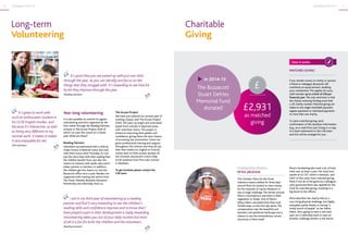 7CSR Report 2014-15 CSR Report 2014-156
Year-long volunteering
It is also possible to commit to regular
volunteering activities organised by the
firm, either through the Reading Partners
scheme or The Access Project, both of
which run over the course of a school
year.What are these?
Reading Partners
Volunteers are partnered with a child at
Globe School in Bethnal Green and read
with them every other Thursday. It’s not
just the extra help with their reading that
the children benefit from, but also the
chance to interact with adults who aren’t
either parents or teachers. In addition,
the children get the chance to visit the
Buzzacott office once a year. Readers are
supported with training and advice from
The Tower Hamlets Business Education
Partnership and informally from us.
The Access Project
We have just entered our second year of
working closely with The Access Project
(TAP). TAP pairs up bright and motivated
pupils from schools in deprived areas
with volunteer tutors. The project is
aimed at improving their grades and
confidence, giving them the best chance
of accessing top universities. Tutors are
given professional training and support
throughout the scheme and they all say
that their maths (or English or French)
comes back to them pretty quickly! At
the moment, Buzzacott’s tutors help
GCSE students from The Lister School
in Newham.
To get involved, please contact the
CSR team.
FUNDRAISER PROFILE:
PETRA JIRUSOVA
This October, Petra (in the Fiscal
Solutions team) trekked for three days
around Petra (in Jordan) to raise money
for the Institute of Cancer Research. It
was a tough challenge.The terrain around
Petra is mountainous and there is little
vegetation or shade. One of Petra’s
fellow hikers calculated that they took
35,000 steps on the first day alone.The
compensation was the beautiful and
dramatic red sandstone landscape and a
chance to see the extraordinary carved
structures in Petra itself.
Petra’s fundraising also took a lot of hard
work over at least a year. Her total now
stands at £2,197, which is fantastic, and
£567 of this came from matched giving.
Most if not all of the generous colleagues
who sponsored Petra also applied for the
Fund for matched giving, resulting in a
big boost to her efforts.
Petra describes her charity hike as a
very tiring physical challenge, but highly
enjoyable, partly thanks to having “a
lovely bunch of people” as her fellow
hikers. She’s going to have a rest next
year, but is definitely keen to take on
another challenge further in the future.
MATCHED GIVING
If you donate money to charity or sponsor
a friend or colleague, Buzzacott will
contribute an equal amount, doubling
your contribution.This applies for every
staff member up to a limit of £50 per
financial year. The only restriction is that
the charity receiving funding must hold
a UK charity number. Matched giving can
relate to one single charitable payment,
regular payments or individual payments
to more than one charity.
To claim matched giving, send
confirmation of the donation information
(e.g., an e-mail from Just Giving or a copy
of a bank statement) to the CSR team
and this will be arranged for you.
How it works
	 It’s good that you are paired up with just one child
through the year, as you can identify and focus on the
things that they struggle with. It’s rewarding to see how bit
by bit they improve through the year.
(Reading volunteer)
	 I am in my third year of volunteering as a reading
partner and find it very rewarding to see the children’s
reading skills and confidence improve and to know that I
have played a part in their development is really rewarding.
Volunteering takes you out of your daily routine but most
of all it is fun for both the children and the volunteers.
(Reading volunteer)
	 It’s great to work with
such an enthusiastic student in
his GCSE English studies, and
because it’s interactive, as well
as being very different to my
normal work, it makes it makes
it very enjoyable for me.
(TAP volunteer)
£2,931
as matched
giving
In 2014-15
The Buzzacott
Stuart Defries
Memorial Fund
donated
£
Charitable
Giving
Long-term
Volunteering
 