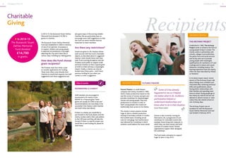 9CSR Report 2014-15 CSR Report 2014-158
RecipientsIn 2014-15, the Buzzacott Stuart Defries
Memorial Fund donated £14,700 in
grants to charities.
The Buzzacott Stuart Defries Memorial
Fund was established in 2003 in memory
of one of our partners. Its purpose is
to support children and young people
in deprived circumstances in boroughs
adjoining the City and it does this in
various ways, including by making grants.
How does the Fund choose
grant recipients?
The Trustees meet four times a year
to consider applications for funding.
These most often come directly from
charities as unsolicited requests, but staff
suggestions and client suggestions are
also good ways of discovering suitable
charities.We are particularly keen to
encourage more staff suggestions so that
the Fund can assist charities that are
important to team members.
Are there any restrictions?
Grants are given to UK charities whose
work accords with the Fund’s charitable
objects, as described above.A suggested
charity’s work should chime with that,
even if not covering all aspects, and the
Trustees much prefer to support small
and local charities so that a typical grant
of £250 to £500 will have a meaningful
impact. Finally, a charity can only be
funded every three years – we’ll check
previous funding for you when you
contact us with a suggestion.
THE ARCHWAY PROJECT
Established in 1982, The Archway
Project works to enhance the lives of
young people living in London.The
charity works in partnership with
schools, colleges, local authorities,
the police force and social services
and its key aims are to provide
young people with meaningful
qualifications (in mechanics, ICT and
cooking) and to reduce anti-social
behaviour, including truancy.The
learning experience that the charity
offers has been described by Ofsted
as ‘fantastic’.
In its latest impact report, recent
alumni of The Archway Project talk
about feeling more confident and
motivated after achieving technical
skills and qualifications, about
having better relationships with
their families and spending more
time at school.Young people go to
the charity by referral and are not
allowed to attend courses or clubs
unless they also attend school on
non-Archway days.
The Archway Project was an
excellent fit with the Buzzacott
Stuart Defries Memorial Fund and
was funded in February 2015.
RECIPIENT PROFILE
Futures is also currently running An
Alternative Life, a programme of arts
workshops for vulnerable women (for
example, those living with violence), in
which they can share stories and build
a picture of a better future. Partner
organisations support them alongside
the workshops.
The Fund made a donation to support
Sugar  Spice in July 2014.
Futures Theatre is a small theatre
company and charity, founded in 1992,
which creates productions based on the
real-life stories of women and girls and
provides workshops for disadvantaged
women and young people.They tour
productions to schools in order to
reach young people who would not
traditionally have access to live drama.
The charity’s recent projects include
Sugar  Spice, a theatre production
touring to secondary schools in London
that tackled topics including sexual
coercion and gangs. Each performance
was followed by a workshop in which
students could explore the issues raised.
RECIPIENT PROFILE FUTURES THEATRE
	 Some of it has already
happened to me so it helped
me realise what to do.Audience
participation helped us
understand relationships and
know what to do in that situation.
FuturesTheatre student
In 2014-15
The Buzzacott Stuart
Defries Memorial
Fund donated
£14,700
in grants.
NOMINATING A CHARITY
Staff members are encouraged to
recommend a UK charity to the
BSDMF for a financial grant.These
grants are usually for £500 or less and
recommendations are most likely to be
successful if the charity’s work matches
the fund’s ethos (see above).
If there is a charity you would like to
put forward to the Fund, please send the
charity number and/or their web address
to the CSR team and they will take this
forward. If there is a specific project you
would like to seek funding for, please let
them know.
How it works
Charitable
Giving
 