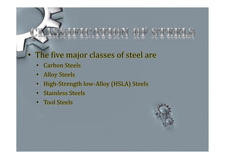 • The five major classes of steel are
• Carbon Steels
• Alloy Steels
• High-Strength low-Alloy (HSLA) Steels
• Stainless Steels
• Tool Steels
 