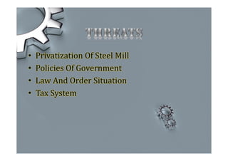 • Privatization Of Steel Mill
• Policies Of Government
• Law And Order Situation
• Tax System
 