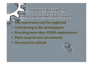 • The importance can’t be neglected
• Contributing in the development
• Providing more then 92000 employments
• There must be new investments
• Ores must be utilized
 