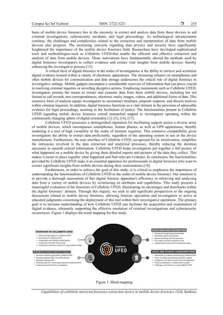 Comput Sci Inf Technol ISSN: 2722-3221 
Capabilities of cellebrite universal forensics extraction device in mobile device forensics (Tole Sutikno)
255
basis of mobile device forensics lies in the necessity to extract and analyze data from these devices to aid
criminal investigations, cybersecurity incidents, and legal proceedings. As technological advancements
continue, the challenges and complexities related to the extraction and interpretation of data from mobile
devices also progress. The increasing concerns regarding data privacy and security have significantly
heightened the importance of the mobile device forensics field. Researchers have developed sophisticated
tools and methodologies-such as Cellebrite UFED-that enable the efficient and effective extraction and
analysis of data from mobile devices. These innovations have fundamentally altered the methods used by
digital forensics investigators to collect evidence and extract vital insights from mobile devices, thereby
enhancing the investigative process [15].
A critical facet of digital forensics in the realm of investigations is the ability to retrieve and scrutinize
digital evidence housed within a variety of electronic apparatuses. The increasing reliance on smartphones and
other mobile devices for communication and data storage underscores the critical role of digital forensics in
investigative settings. Mobile gadgets encompass a considerable reservoir of information that can prove crucial
in resolving criminal inquiries or unveiling deceptive actions. Employing instruments such as Cellebrite UFED,
investigators possess the means to extract and examine data from these mobile devices, including but not
limited to call records, text correspondences, electronic mails, images, videos, and additional forms of data. This
extensive form of analysis equips investigators to reconstruct timelines, pinpoint suspects, and discern motives
within criminal inquiries. In addition, digital forensics functions as a vital element in the provision of admissible
evidence for legal proceedings, assisting in the facilitation of justice. The functionalities present in Cellebrite
UFED regarding mobile device forensics extend unmatched support to investigators operating within the
continuously changing sphere of digital criminality [1]–[3], [16], [17].
Cellebrite UFED possesses a distinguished reputation for facilitating support across a diverse array
of mobile devices, which encompasses smartphones, feature phones, as well as GPS apparatuses, thereby
rendering it a tool of high versatility in the realm of forensic inquiries. This extensive compatibility gives
investigators the ability to extract data proficiently, regardless of the operating system in use or the device
manufacturer. Furthermore, the user interface of Cellebrite UFED, recognized for its intuitiveness, simplifies
the intricacies involved in the data extraction and analytical processes, thereby reducing the duration
necessary to unearth critical information. Cellebrite UFED helps investigators put together a full picture of
what happened on a mobile device by giving them detailed reports and pictures of the data they collect. This
makes it easier to piece together what happened and find relevant evidence. In conclusion, the functionalities
provided by Cellebrite UFED make it an essential apparatus for professionals in digital forensics who want to
extract significant insights from mobile devices during their examinations [18].
Furthermore, in order to achieve the goal of this study, it is critical to emphasize the importance of
understanding the functionalities of Cellebrite UFED in the realm of mobile device forensics. Our intention is
to provide a thorough assessment of this digital forensic apparatus's efficiency in retrieving and analyzing
data from a variety of mobile devices by scrutinizing its attributes and capabilities. This study presents a
meaningful evaluation of the functions of Cellebrite UFED, illuminating its advantages and drawbacks within
the digital forensics’ domain. Through this inquiry, we seek to add significant perspectives to the ongoing
discussions related to mobile device forensics, allowing forensic specialists and investigators to arrive at
educated judgments concerning the deployment of this tool within their investigative operations. The primary
goal is to increase understanding of how Cellebrite UFED can facilitate the acquisition and examination of
digital evidence, ultimately supporting the effective resolution of criminal investigations and cybersecurity
occurrences. Figure 1 displays the mind mapping for this study.
Figure 1. Mind mapping
 