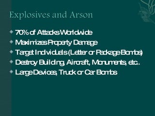 70% of Attacks Worldwide Maximizes Property Damage Target Individuals (Letter or Package Bombs) Destroy Building, Aircraft, Monuments, etc.. Large Devices, Truck or Car Bombs 