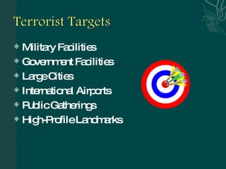 Military Facilities Government Facilities Large Cities International Airports Public Gatherings High-Profile Landmarks 