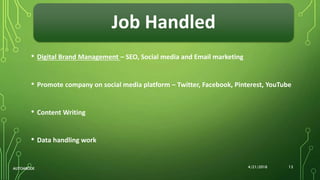 Job Handled
• Digital Brand Management – SEO, Social media and Email marketing
• Promote company on social media platform – Twitter, Facebook, Pinterest, YouTube
• Content Writing
• Data handling work
4/21/2016AUTOABODE 13
 