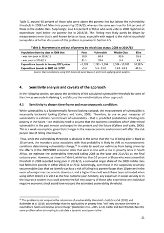 21 
 
Table 5, around 40 percent of those who were above the poverty line but below the vulnerability 
threshold in 2008 had fallen into poverty by 2014/15, whereas the same was true for 9.4 percent of 
those in the middle class. Surprisingly, also 4.4 percent of those who were elite in 2008 reported an 
expenditure  level  below  the  poverty  line  in  2014/15.  This  finding  may  likely  partly  be  driven  by 
measurement error that is well known to be an issue, especially with regard to the rich in household 
survey data. A further discussion of this problem is provided in Section 4.5.  
 
Table 5: Movements in and out of poverty by initial class status, 2008 to 2014/15 
Population share by class in 2008 that  Poor  Vulnerable  Middle Class  Elite 
‐ was non‐poor in 2014/15  18.9  60.4  90.6  95.6 
‐ was poor in 2014/15  81.1  39.6  9.4  4.4 
Expenditure bounds in January 2015 prices  <1,283  1,283 ‐ 3,104  3,104 ‐ 10,387  10,387+ 
Expenditure bounds in 2005 Int. $ PPP  <5.4  5.4 ‐ 13.0  13.0 ‐ 43.3  43.3+ 
Source: Own calculations using NIDS balanced panel Waves 1 and 4 and applying panel weights. 
 
4. Sensitivity analysis and caveats of the approach 
In the following section, we assess the sensitivity of the calculated vulnerability threshold to some of 
the choices we made in deriving it, and discuss the main limitations of our approach 
4.1 Sensitivity to chosen time‐frame and macroeconomic conditions  
While vulnerability is a fundamentally forward looking concept, the measurement of vulnerability is 
necessarily  backward  looking  (Cafiero  and  Vakis,  2006).  Therefore,  to  use  ex  post  measures  of 
vulnerability to estimate current levels of vulnerability – that is, predicted probabilities of falling into 
poverty in the future – we implicitly need to assume that the economic conditions which determined 
vulnerability in the past remain unchanged in the present and the future (Cafiero and Vakis, 2006). 
This is a weak assumption, given that changes in the macroeconomic environment will affect the risk 
people face of falling into poverty.  
 Thus, while the vulnerability threshold is absolute in the sense that the risk of being poor is fixed at 
10 percent, the monetary value associated with that probability is likely to shift as macroeconomic 
conditions determining vulnerability change.24
 In order to avoid our estimates from being driven by 
the effects of the 2009/2010 economic crisis that went in line with a rise in poverty rates in South 
Africa,  we  estimate  the  vulnerability  threshold  taking  2008  as  the  base  and  2014/15  as  the  final 
outcome year. However, as shown in Table 6, while less than 10 percent of those who were above that 
threshold in 2008 reported being poor in 2014/15, a somewhat larger share of the 2008 middle class 
had fallen into poverty in either 2010/11 or 2012. Accordingly, even those in the supposedly relatively 
secure middle class that we identify can face a risk of falling into poverty larger than 10 percent in the 
event of a major macroeconomic downturn, and a higher threshold would have been estimated when 
using either 2010/11 or 2012 as the final outcome year. Similarly, any expansion in social security or in 
the insurance system that could prevent the fall into poverty of those who experience any individual 
negative economic shock could have reduced the estimated vulnerability threshold. 
                                                            
24
 This problem is not unique to the calculation of a vulnerability threshold – both Stats SA (2015) and 
Budlender et al. (2015) acknowledge that the applicability of poverty lines “will likely decrease over time as 
expenditure habits and relative prices change” (Budlender et al., 2015, p.13). Carter and Barrett (2006) face the 
same problem when attempting to calculate a dynamic asset poverty line.  
 