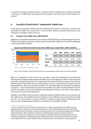 27 
 
to a structural change in the labour market – the arena in which ‘empowerment’ should be manifested 
– and thus is not significantly consequential for the change in the class structure which Burger et al. 
observe.26
 
 
6. A profile of South Africa’s ‘empowered’ middle class 
In this section, we provide a profile of the four identified social classes in South Africa – the poor, the 
vulnerable, the middle class, and the elite – in terms of their relative size, growth performance, racial 
composition, and labour market resources. 
6.1 Change in the middle class, 1993‐2014/15 
Applying our vulnerability threshold to cross‐sectional 1993 PSLSD data, and adjusting expenditure for 
inflation, we are able to analyse the evolution of the South African middle class since 1993, as displayed 
in Figure 8 and Table 10 below. 
 
Figure 8 and Table 10: Growth in size of the middle class in South Africa, 1993 to 2014/15 
 
Source: Own calculations using PSLSD 1993 (with census raised weights) and NIDS (with post‐stratified weights). 
 
 
Again,  it  is  important  to  stress  that  we  are  only  able  to  make  this  comparison  by  assuming  that 
macroeconomic conditions determining vulnerability have not changed since 1993 in a way that would 
impact the vulnerability threshold. Our results need to be interpreted with this caveat in mind. We find 
that the growth of the middle class since 1993 has been very slow – growing from 11.69 percent of the 
total population in 1993 to 13.15 percent in 2008. This is consistent with our preliminary investigations 
in Section 2 – where we find that per‐capita income growth since 1993 was lowest between the 40th
 
and 95th
 percentiles of the income distribution and observed a decline in the income share going to 
the ventiles in this part of the distribution.  
However, since 2010/11 there has been considerable upward mobility for Africans into the elite and 
the middle classes. Since 2010/11 the share of Africans in the middle class has increased from 39 to 48 
per cent – to a total of about 4 million in 2014/15. In absolute numbers African membership of the 
elite more than doubled between 2010/11 and 2014/15, from 215,000 to 455,000.  
                                                            
26
 Finn et al. (2013a) have shown that the rapid expansion in public service delivery since 1994 has led to a 
significant decline in measures of multidimensional poverty. Using a Multidimensional Poverty Index (MPI) 
which includes values for education, health, and living standards, Finn et al (2013a) and Leibbrandt et al (2009) 
show that between 1993 and 2010 the incidence of multidimensional poverty has decreased (from a 
headcount of 37 percent to 8 percent) as has the depth of multidimensional poverty (those who remained 
multidimensionally poor in 2010 were deprived in fewer dimensions). This shows that transfers through the 
social wage (rather than income though the labour market) has been most important in reducing poverty. 
60%
70%
80%
90%
100%
1993 2008 2010 2012 2014
Poor Vulnerable Middle Elite
  1993  2008  2010/11  2012  2014/15 
Poor  71.65  67.37  71.34  68.84  65.02 
Vulnerable  15.77  15.85  13.32  17.02  17.99 
Middle  11.69  13.15  11.79  10.92  13.53 
Elite  0.9  3.62  3.55  3.22  3.46 
 