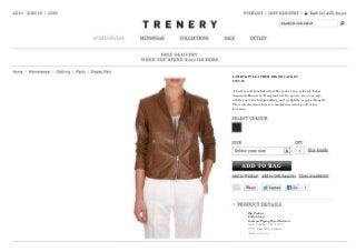 TRENERY NEW COPY FORMAT 29/07/2013 3:31 PM WNB
LAMBSKIN LEATHER BIKER JACKET
$999.99
A butter soft lambskin leather jacket in a relaxed, biker
inspired silhouette. Designed with a sporty two way zip,
subtle top-stitched panelling and a slightly cropped length.
The rich chestnut hue is a modern neutral, perfect for
layering.
 Zip Pockets
 Fully Lined
 Contrast Piping Detail Interior
 Style Number: 60157102
 100% Lambskin Leather
 Made in India
 