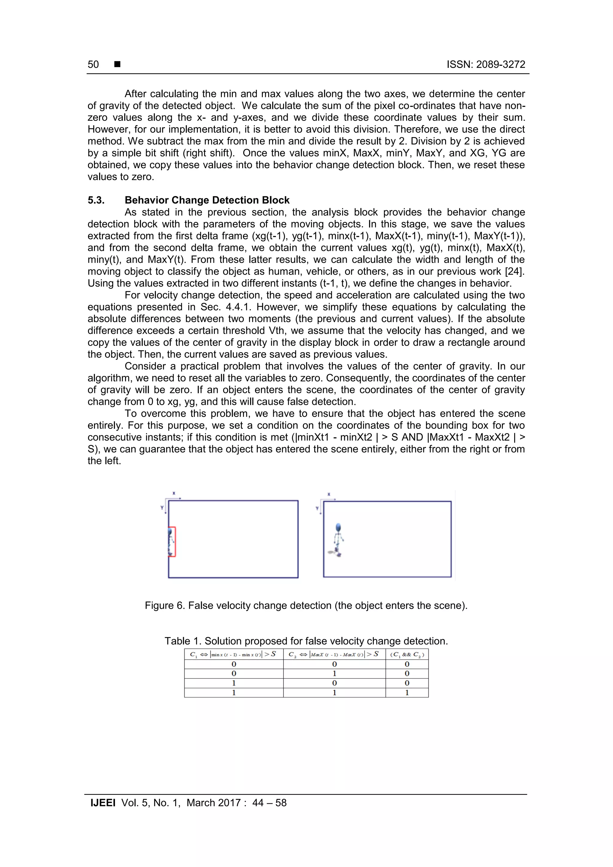  ISSN: 2089-3272 IJEEI Vol. 5, No. 1, March 2017 : 44 – 58 50 After calculating the min and max values along the two axes, we determine the center of gravity of the detected object. We calculate the sum of the pixel co-ordinates that have non- zero values along the x- and y-axes, and we divide these coordinate values by their sum. However, for our implementation, it is better to avoid this division. Therefore, we use the direct method. We subtract the max from the min and divide the result by 2. Division by 2 is achieved by a simple bit shift (right shift). Once the values minX, MaxX, minY, MaxY, and XG, YG are obtained, we copy these values into the behavior change detection block. Then, we reset these values to zero. 5.3. Behavior Change Detection Block As stated in the previous section, the analysis block provides the behavior change detection block with the parameters of the moving objects. In this stage, we save the values extracted from the first delta frame (xg(t-1), yg(t-1), minx(t-1), MaxX(t-1), miny(t-1), MaxY(t-1)), and from the second delta frame, we obtain the current values xg(t), yg(t), minx(t), MaxX(t), miny(t), and MaxY(t). From these latter results, we can calculate the width and length of the moving object to classify the object as human, vehicle, or others, as in our previous work [24]. Using the values extracted in two different instants (t-1, t), we define the changes in behavior. For velocity change detection, the speed and acceleration are calculated using the two equations presented in Sec. 4.4.1. However, we simplify these equations by calculating the absolute differences between two moments (the previous and current values). If the absolute difference exceeds a certain threshold Vth, we assume that the velocity has changed, and we copy the values of the center of gravity in the display block in order to draw a rectangle around the object. Then, the current values are saved as previous values. Consider a practical problem that involves the values of the center of gravity. In our algorithm, we need to reset all the variables to zero. Consequently, the coordinates of the center of gravity will be zero. If an object enters the scene, the coordinates of the center of gravity change from 0 to xg, yg, and this will cause false detection. To overcome this problem, we have to ensure that the object has entered the scene entirely. For this purpose, we set a condition on the coordinates of the bounding box for two consecutive instants; if this condition is met (|minXt1 - minXt2 | > S AND |MaxXt1 - MaxXt2 | > S), we can guarantee that the object has entered the scene entirely, either from the right or from the left. Figure 6. False velocity change detection (the object enters the scene). Table 1. Solution proposed for false velocity change detection. 