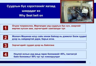 Суудлын бүс хэрэглэхийг яагаад
шаарддаг вэ
Why Seat belt on
Огцом тоормослох, Мөргөлдөх үед суудлын бүс хүч, энергийг
өөртөө хүлээн авж, зорчигчдийг хамгаалдаг тул
Ноцтой ослын үед амьд гарах боломжийг 45%, гэмтэхгүй
байх боломжыг 50% тус тус нэмэгдүүлдэг
Жолооч Машинаа илүү сайн хянаж байхад нь дэмжлэг болж суудал
дээр нь найдвартай дарж, барьж өгнө.
Зорчигчдийг суудал дээр нь байлгана
2
3
1
4
3
 