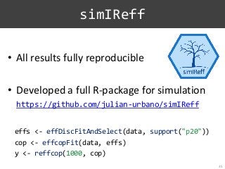simIReff
• All results fully reproducible
• Developed a full R-package for simulation
https://github.com/julian-urbano/simIReff
effs <- effDiscFitAndSelect(data, support("p20"))
cop <- effcopFit(data, effs)
y <- reffcop(1000, cop)
35
 