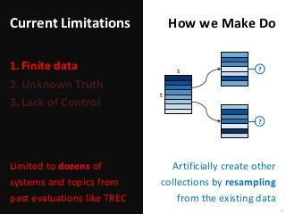 Current Limitations
1.Finite data
2.Unknown Truth
3.Lack of Control
Artificially create other
collections by resampling
from the existing data
7
How we Make Do
Limited to dozens of
systems and topics from
past evaluations like TREC
s
t
?
?
 