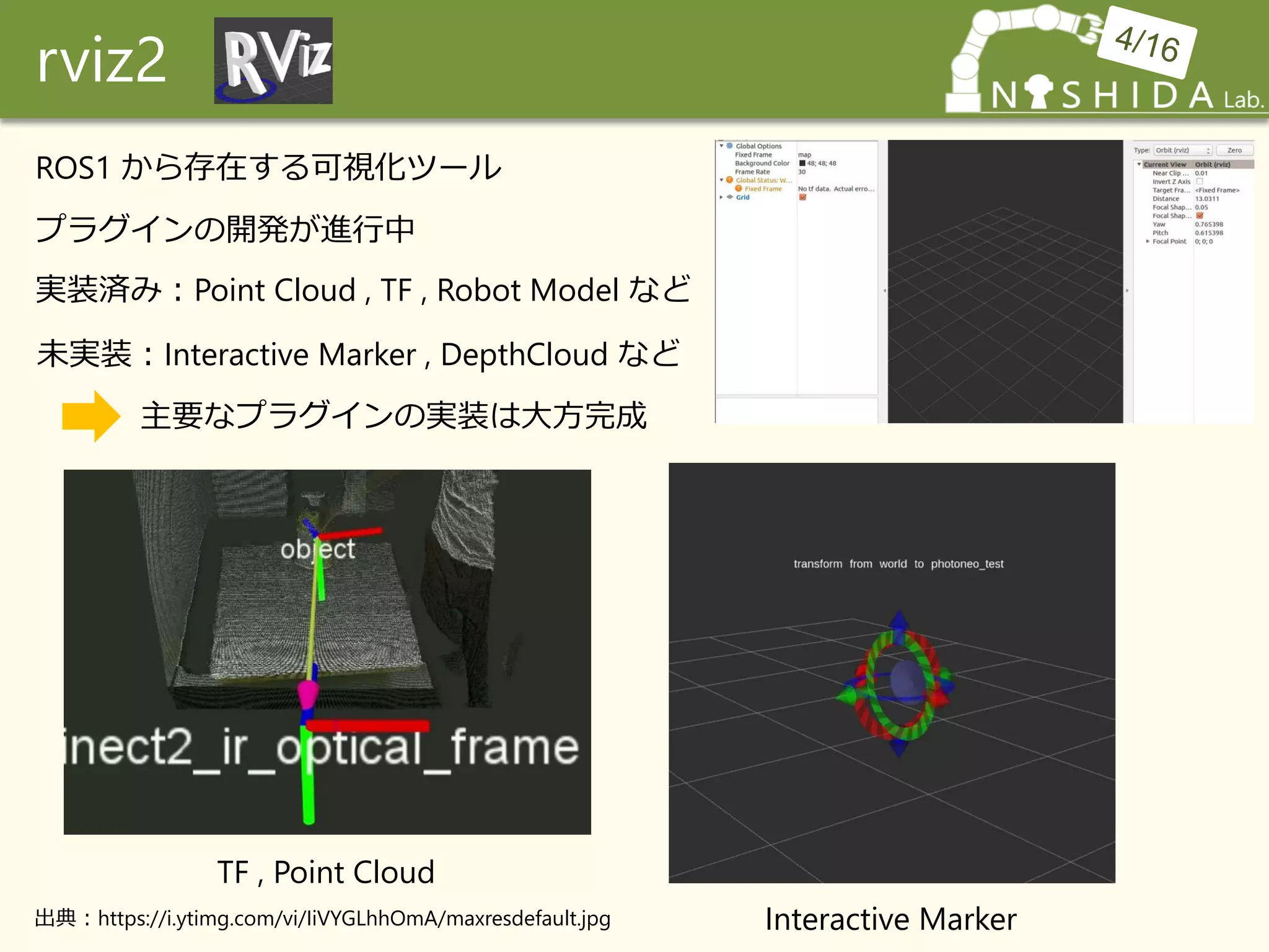 rviz2
ROS1 から存在する可視化ツール
プラグインの開発が進行中
実装済み：Point Cloud , TF , Robot Model など
未実装：Interactive Marker , DepthCloud など
TF , Point Cloud
主要なプラグインの実装は大方完成
Interactive Marker出典：https://i.ytimg.com/vi/IiVYGLhhOmA/maxresdefault.jpg
 