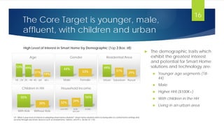 The Core Target is younger, male,
affluent, with children and urban
53% 49%
31%
19%
18 - 24 25 - 44 45 - 64 65+
Age
 The demographic traits which
exhibit the greatest interest
and potential for Smart Home
solutions and technology are:
 Younger age segments (18-
44)
 Male
 Higher HHI ($100K+)
 With children in the HH
 Living in an urban area
44%
33%
Male Female
Gender
55%
30%
With Kids Without Kids
Children in HH
High Level of Interest in Smart Home by Demographic (Top 3 Box: ≥8)
32%
39%
56%
<$49,999 $50K -
$99,999
$100K+
Household Income
49%
37%
29%
Urban Suburban Rurual
Residential Area
Q1. What is your level of interest in adopting smart home solutions? Smart home solutions refers to being able to control home settings and
security through electronic devices such as smartphones, tablets, and PCs. (Scale of 1-10)
16
 