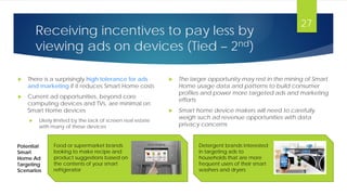 Receiving incentives to pay less by
viewing ads on devices (Tied – 2nd)
 There is a surprisingly high tolerance for ads
and marketing if it reduces Smart Home costs
 Current ad opportunities, beyond core
computing devices and TVs, are minimal on
Smart Home devices
 Likely limited by the lack of screen real estate
with many of these devices
27
 The larger opportunity may rest in the mining of Smart
Home usage data and patterns to build consumer
profiles and power more targeted ads and marketing
efforts
 Smart home device makers will need to carefully
weigh such ad revenue opportunities with data
privacy concerns
Food or supermarket brands
looking to make recipe and
product suggestions based on
the contents of your smart
refrigerator
Detergent brands interested
in targeting ads to
households that are more
frequent users of their smart
washers and dryers
Potential
Smart
Home Ad
Targeting
Scenarios
 
