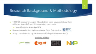 Research Background & Methodology
 1,005 U.S. consumers, aged 18 and older, were surveyed about their
attitudes towards Smart Home product purchases
 Survey fielded in November 2014
 Research conducted by International Data Corporation
 Study commissioned by the Internet of Things Consortium (IoTC)
Sponsoring Members:
3
 