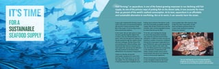 ©AndreSeale/SeaPics.com
FORA
SUSTAINABLE
SEAFOODSUPPLY
The real challenge lies not in banning aquaculture
altogether but in finding smart solutions that deliver
a safe and environmentally-acceptable seafood supply.
Large-scale industrial fish farming causes
many of the same environmental problems
that we find in factory farming on land.
But in the ocean, it’s not so easy to put a
fence around your pasture.
In the ocean, fish are often grown in open
net pens, packed together tighter than
in nature. Like a flu-infected traveler on a
plane, when one fish gets sick, disease can
spread quickly through the captive school
and even endanger wild fish living in the
surrounding ocean. Most troubling, many
farmed fish (like salmon) consume more
wild-caught fish—ground up into fishmeal—
than they produce as farmed product,
defeating the very purpose of aquaculture.
Unless we develop strong and
enforceable regulations to control fish
farming, it will wreak havoc on our wild
fish supply. The real challenge lies not
in banning aquaculture altogether but in
“Fish farming,” or aquaculture, is one of the fastest-growing responses to our declining wild fish
supply. As one of the primary ways of putting fish on the dinner table, it now accounts for more
than 40 percent of the world’s seafood consumption. At its best, aquaculture is an affordable
and sustainable alternative to overfishing. But at its worst, it can severely harm the ocean.
finding smart solutions that deliver a safe
and environmentally-acceptable seafood
supply. Only Ocean Conservancy has the
scientific vision and the legislative muscle
to ensure that we can do both.
To do this, we’re leading the charge
to ensure that aquaculture develops
only under the strictest environmental
standards. In 2006 we broke new ground,
building a coalition of business, academic,
fishing and conservation organizations to
pass California’s open ocean aquaculture
law, the most robust in the nation. But
now, the federal government is proposing
a vast expansion of aquaculture into
waters outside of state control, which
would exempt fish farms from following
certain environmental regulations.
Ocean Conservancy is advocating for
a more thoughtful response that would
protect our fisheries and oceans from
unacceptable risks. We need your help
to take this effort nationwide, so that
state and federal policies protect our
oceans while meeting our growing
demand for seafood.
 