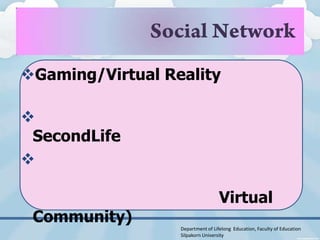 Gaming/Virtual Reality


 SecondLife


                                   Virtual
 Community)
                  Department of Lifelong Education, Faculty of Education
                  Silpakorn University
 