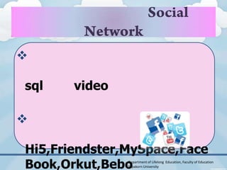 

sql    video



Hi5,Friendster,MySpace,Face
Book,Orkut,BeboDepartment of Lifelong Education, Faculty of Education
               Silpakorn University
 