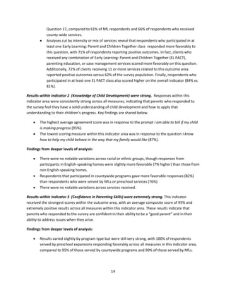 14
Question 17, compared to 61% of NfL respondents and 66% of respondents who received
county-wide services.
 Analyses cut by intensity or mix of services reveal that respondents who participated in at
least one Early Learning: Parent and Children Together class responded more favorably to
this question, with 71% of respondents reporting positive outcomes. In fact, clients who
received any combination of Early Learning: Parent and Children Together (EL PACT),
parenting education, or case management services scored more favorably on this question.
Additionally, 72% of clients receiving 11 or more services related to this outcome area
reported positive outcomes versus 62% of the survey population. Finally, respondents who
participated in at least one EL PACT class also scored higher on the overall indicator (84% vs.
81%).
Results within Indicator 2 (Knowledge of Child Development) were strong. Responses within this
indicator area were consistently strong across all measures, indicating that parents who responded to
the survey feel they have a solid understanding of child development and how to apply that
understanding to their children’s progress. Key findings are shared below.
 The highest average agreement score was in response to the prompt I am able to tell if my child
is making progress (95%).
 The lowest scoring measure within this indicator area was in response to the question I know
how to help my child behave in the way that my family would like (87%).
Findings from deeper levels of analysis:
 There were no notable variations across racial or ethnic groups, though responses from
participants in English-speaking homes were slightly more favorable (7% higher) than those from
non English-speaking homes.
 Respondents that participated in countywide programs gave more favorable responses (82%)
than respondents who were served by NfLs or preschool services (76%).
 There were no notable variations across services received.
Results within Indicator 3 (Confidence in Parenting Skills) were extremely strong. This indicator
received the strongest scores within the outcome area, with an average composite score of 95% and
extremely positive results across all measures within this indicator area. These results indicate that
parents who responded to the survey are confident in their ability to be a “good parent” and in their
ability to address issues when they arise.
Findings from deeper levels of analysis:
 Results varied slightly by program type but were still very strong, with 100% of respondents
served by preschool expansions responding favorably across all measures in this indicator area,
compared to 95% of those served by countywide programs and 90% of those served by NfLs.
 