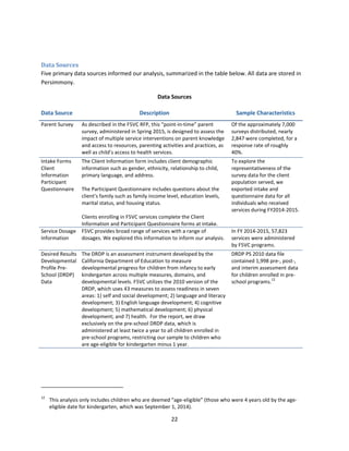 22
Data Sources
Five primary data sources informed our analysis, summarized in the table below. All data are stored in
Persimmony.
Data Sources
Data Source Description Sample Characteristics
Parent Survey As described in the F5VC RFP, this “point-in-time” parent
survey, administered in Spring 2015, is designed to assess the
impact of multiple service interventions on parent knowledge
and access to resources, parenting activities and practices, as
well as child’s access to health services.
Of the approximately 7,000
surveys distributed, nearly
2,847 were completed, for a
response rate of roughly
40%.
Intake Forms
Client
Information
Participant
Questionnaire
The Client Information form includes client demographic
information such as gender, ethnicity, relationship to child,
primary language, and address.
The Participant Questionnaire includes questions about the
client’s family such as family income level, education levels,
marital status, and housing status.
Clients enrolling in F5VC services complete the Client
Information and Participant Questionnaire forms at intake.
To explore the
representativeness of the
survey data for the client
population served, we
exported intake and
questionnaire data for all
individuals who received
services during FY2014-2015.
Service Dosage
Information
F5VC provides broad range of services with a range of
dosages. We explored this information to inform our analysis.
In FY 2014-2015, 57,823
services were administered
by F5VC programs.
Desired Results
Developmental
Profile Pre-
School (DRDP)
Data
The DRDP is an assessment instrument developed by the
California Department of Education to measure
developmental progress for children from infancy to early
kindergarten across multiple measures, domains, and
developmental levels. F5VC utilizes the 2010 version of the
DRDP, which uses 43 measures to assess readiness in seven
areas: 1) self and social development; 2) language and literacy
development; 3) English language development; 4) cognitive
development; 5) mathematical development; 6) physical
development; and 7) health. For the report, we draw
exclusively on the pre-school DRDP data, which is
administered at least twice a year to all children enrolled in
pre-school programs, restricting our sample to children who
are age-eligible for kindergarten minus 1 year.
DRDP PS 2010 data file
contained 1,998 pre-, post-,
and interim assessment data
for children enrolled in pre-
school programs.
12
12
This analysis only includes children who are deemed “age-eligible” (those who were 4 years old by the age-
eligible date for kindergarten, which was September 1, 2014).
 