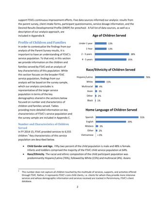 2
support F5VCs continuous improvement efforts. Five data sources informed our analysis: results from
the parent survey, client intake forms, participant questionnaires, service dosage information, and the
Desired Results Developmental Profile (DRDP) for preschool. A full list of data sources, as well as a
description of our analysis approach, are
included in Appendix B.
Profile of Children and Families
In order to contextualize the findings from our
analysis of the Parent Survey results, it is
important to have an understanding of F5VC’s
service population. To that end, in this section
we provide information on the children and
families served by F5VC and an analysis of
key characteristics of this population. While
this section focuses on the broader F5VC
service population, findings from our
analysis will be based on the survey sample,
which our analysis concludes is
representative of the larger service
population in terms of the key
demographics shared in the sections below
focused on number and characteristics of
children and families served. Tables
providing more detailed information on key
characteristics of F5VC’s service population and
the survey sample are included in Appendix C.
Number and Characteristics of Children
Served
In FY 2014-15, F5VC provided services to 6,555
children.2
Key characteristics of this service
population are described below.
 Child Gender and Age. Fifty-two percent of the child population is male and 48% is female.
Infants and toddlers comprised the majority of the F5VC child service population at 64%.
 Race/Ethnicity. The racial and ethnic composition of the child participant population was
predominantly Hispanic/Latino (76%), followed by White (15%) and multiracial (4%). Asians
2
This number does not capture all children touched by the multitude of services, supports, and activities offered
through F5VC. Rather, it represents F5VC’s core child clients, i.e. clients for whom they provide more intensive
services and whose demographic information and services received are tracked in Persimmony, F5VC’s client
database.
1%
2%
3%
4%
15%
76%
Black
Other
Asian
Multiracial
White
Hispanic/Latino
Race/Ethnicity of Children Served
< 0%
2%
3%
39%
55%
Vietnamese
Other
Mixteco
English
Spanish
Home Language of Children Served
13%
13%
38%
35%
Under 1 year
1 Year
2 - 3 years
4 - 5 years
Age of Children Served
 