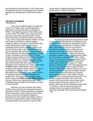 and limiting the threat new entry. In 2013 they have
increased the amount of money they invest towards
research and development by 399 million dollars. -
PS
TWITTER CUSTOMERS
Peter Steinmann
There are two different types of customers
Twitter has, Twitter users, and the advertising
agencies/ companies that want to advertise on
Twitter. The bargaining power of the Twitter users
is very limited. The Twitter users really only have
one way in which they could take down Twitter
which is that they can decide to either use Twitter
or not. This is a big power however Twitter is so big
that Twitter would need a colossal collapse.
Twitter’s growth is so huge you would need to lose
double the growth per year to really make a
substantial impact on the company. Twitter is not
only for friends to talk or post about their feelings
but its huge with news and sports teams, as well as
other companies. So when your population consists
of other companies it would be hard to imagine
another company going out and creating something
to destroy twitter. If a company destroyed Twitter
they would be losing a means of customer service,
and communication with their customers. An
example of how companies use Twitter when using
the EVT function in Bloomberg, I found a
conference for Goldman Sachs where the head of
technology for Goldman Sachs, James Covello,
talks about how Twitter really helps when it comes
to advertising information about meetings and
conferences. This shows how companies utilize
Twitter. Also at the SUNY Oswego Media Summit
this year, Steve Levy stated that he uses Twitter
constantly because it gets the information out there
so quick and fast.
However, the main customer that makes
Twitter money would be the companies buying to
advertise on twitter. Online advertising is a growing
industry because so many things are done online.
As you can see from the graph of digital ad
spending from 2012 to 2018 (see below), which is
found from using the BIP function in Bloomberg, it
is projected that in four years from now the total
money spent on digital advertising will almost
double what it currently is spending.
A bargaining factor that the advertisers have
is the choice of which platform to advertise in and
the other bargaining factor the advertisers have is
how much money advertising on Twitter is worth.
With a high about of users I’m sure that the
advertisers would be paying a pretty penny to
advertise with twitter. Also if you combine the
increase in the number of Twitter users plus the
projected increase in digital advertising that makes
for great reason to advertise with twitter. Twitter
has a very strong and bright future ahead of them.
Twitters worst nightmare would be if the whole
social media industry fell through or if Twitter
became irrelevant which I don’t see happening any
time in the near future. When I used the SPLC
function in Bloomberg However there are only 123
companies that are customers of twitters and the
revenue they receive from their top Customer
Disney all accounts for 1.24% of their revenue.
There are only 3 companies that account for 1% or
4 if you combine Comcast’s .92 % with Time
warner’s .85% due to their recent merger which
would make them their top customer at 1.77
percent, all the rest of the companies are less than
1% revenue. They do have some big name
companies that are customers like Disney,
Samsung, Microsoft, AT&T and Proctor & Gamble.
- PS
$105
$120
$140
$160
$178
$196
$214
$-
$50
$100
$150
$200
$250
2012 2013 2014 2015 2016 2017 2018
DigitalAdSpending(Billions)
Digital Ad Spending Worldwide, 2012-
2018
 