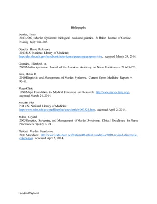 Lee AnnWayland
Bibliography
Bentley, Peter
2013[2007] Marfan Syndrome: biological basis and genetics. In British Journal of Cardiac
Nursing 8(6): 284-288.
Genetics Home Reference
2013 U.S. National Library of Medicine:
http://ghr.nlm.nih.gov/handbook/inheritance/penetranceexpressivity, accessed March 24, 2014.
Gonzales, Elizabeth A.
2009 Marfan syndrome. Journal of the American Academy on Nurse Practitioners 21:663-670.
Iams, Helen D.
2010 Diagnosis and Management of Marfan Syndrome. Current Sports Medicine Reports 9:
93-98.
Mayo Clinic
1998 Mayo Foundation for Medical Education and Research: http://www.mayoclinic.org/,
accessed March 24, 2014.
Medline Plus
ND U.S. National Library of Medicine:
http://www.nlm.nih.gov/medlineplus/ency/article/003321.htm, accessed April 2, 2014.
Milner, Crystal.
2005 Genetics, Screening, and Management of Marfan Syndrome. Clinical Excellence for Nurse
Practitioners 9(4):201- 211.
National Marfan Foundation
2011 Slideshare: http://www.slideshare.net/NationalMarfanFoundation/2010-revised-diagnostic-
criteria-nvn, accessed April 5, 2014.
 