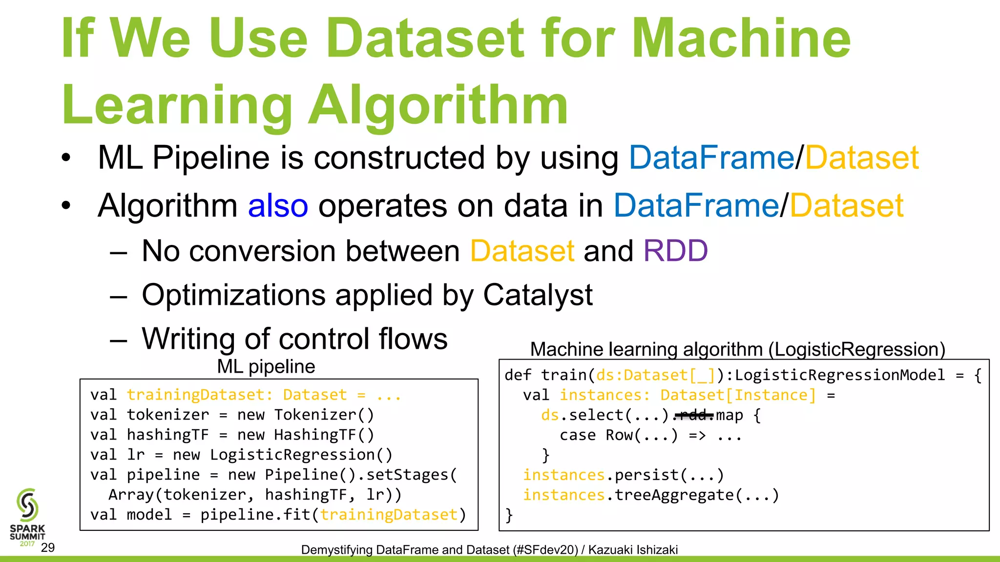 If We Use Dataset for Machine
Learning Algorithm
• ML Pipeline is constructed by using DataFrame/Dataset
• Algorithm also operates on data in DataFrame/Dataset
– No conversion between Dataset and RDD
– Optimizations applied by Catalyst
– Writing of control flows
val trainingDataset: Dataset = ...
val tokenizer = new Tokenizer()
val hashingTF = new HashingTF()
val lr = new LogisticRegression()
val pipeline = new Pipeline().setStages(
Array(tokenizer, hashingTF, lr))
val model = pipeline.fit(trainingDataset)
def train(ds:Dataset[_]):LogisticRegressionModel = {
val instances: Dataset[Instance] =
ds.select(...).rdd.map {
case Row(...) => ...
}
instances.persist(...)
instances.treeAggregate(...)
}
ML pipeline
Demystifying DataFrame and Dataset (#SFdev20) / Kazuaki Ishizaki29
Machine learning algorithm (LogisticRegression)
 