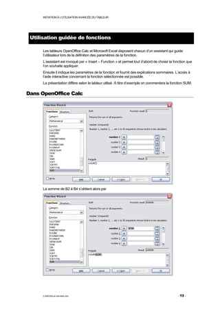 INITIATION À L'UTILISATION AVANCÉE DU TABLEUR




 Utilisation guidée de fonctions

      Les tableurs OpenOffice Calc et Microsoft Excel disposent chacun d’un assistant qui guide
      l’utilisateur lors de la définition des paramètres de la fonction.
      L’assistant est invoqué par « Insert – Function » et permet tout d’abord de choisir la fonction que
      l’on souhaite appliquer.
      Ensuite il indique les paramètres de la fonction et fournit des explications sommaires. L’accès à
      l’aide interactive concernant la fonction sélectionnée est possible.
      La présentation diffère selon le tableur utilisé. À titre d’exemple on commentera la fonction SUM.

Dans OpenOffice Calc




      La somme de B2 à B4 s’obtient alors par




      © 2006-2009 par Jean-Marie Jans                                                          - 13 -
 