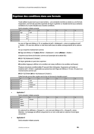 INITIATION À L'UTILISATION AVANCÉE DU TABLEUR




    Exprimer des conditions dans une formule

         Toute cellule ne peut avoir qu’un seul contenu : une constante (nombre ou texte) ou une formule.
         Cependant, une formule peut être exprimée de façon à générer un résultat donné sous certaines
         conditions et un autre résultat sous d’autres conditions.
         Soit la situation initiale suivante
              A                            B            C   D          E              F              G
1             Age                          Tarif
2                              10
3                              16
4                              20
5

         Au cas où l’âge est inférieur à 18, on applique le tarif « Adolescent », sinon on applique le tarif
         « Adulte ». On veut don afficher un des deux tarifs dans la cellule correspondante de le colonne
         B.
         Ce qui s’exprime intuitivement comme
         Si l’âge est inférieur à 18 alors afficher « Adolescent » sinon afficher « Adulte »

         s’exprime sous forme de fonction comme suit (exemple de la cellule B2) :
         IF(A2<18;“Adolescent“;“Adulte“)

         De façon générale on peut donc exprimer :
         IF(condition logique; à afficher si la condition est vraie; à afficher si la condition est fausse)

         Plusieurs structures conditionnelles IF peuvent être imbriquées. Supposons qu’il existe un
         troisième tarif « Enfant » applicable aux personnes dont l’âge est inférieur à 12 ans. On peut à ce
         moment écrire comme suit :
         IF(A2<12;“Enfant“;IF(A2<18;“Adolescent“;“Adulte“))

         Cette formule pourra être copiée vers le bas et donnera le résultat suivant :
              A                            B            C   D          E              F              G
1             Age                          Tarif
2             10                           Enfant
3             16                           Adolescent
4             20                           Adulte
5

•      Application 7
         Soit la situation initiale suivante
              A                            B            C   D          E              F              G
1             Nom                          Groupe
2             Albert
3             Sébert
4             Hébert
5

         En colonne B on affichera « Groupe A », si le nom est inférieur à N, « Groupe B » sinon.
         Attention : le message est affiché uniquement si un nom a été saisi en colonne A de la ligne
         concernée !

•      Application 8
         Soit la situation initiale suivante



         © 2006-2009 par Jean-Marie Jans                                                                 - 16 -
 