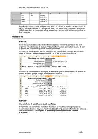 INITIATION À L'UTILISATION AVANCÉE DU TABLEUR



          A                            B      C              D   E           F              G
1         Nom                          Note   Message
2         Albert                              Entre 1 et 6
3         Bébert                              Entre 1 et 6
4         Cébert                              Entre 1 et 6
5

     En colonne B on doit pouvoir saisir des notes entre 1 et 6. Ecrire la formule pour la colonne C de
     façon à afficher le message « Doit être entre 1 et 6 » tant que la saisie n’a pas été correctement
     réalisée. Attention : le message est affiché uniquement si un nom a été saisi en colonne A de la
     ligne concernée !

Exercices

     Exercice 3
     Créer une feuille de calcul présentant un tableau de calcul des intérêts composés d’un plan
     d’épargne versant en début de chaque année un certain montant. Ce montant, la durée du plan
     d’épargne et le taux annuel applicable sont des paramètres.
     Au cas où les paramètres ne sont pas renseignés, les lignes du plan d’épargne doivent rester
     vides. Le nombre d’années doit se situer entre 2 et 50 ans. Voir l’extrait ci-dessous.




     Au cas où les paramètres sont renseignés, le nombre de lignes à afficher dépend de la durée en
     années du plan d’épargne. Voir par exemple l’extrait ci-dessus.




     Exercice 4
     Ouvrez la feuille de calcul fournie sous le nom Notes.
     Complétez-la par des formules permettant de calculer les résultats à renseigner (ligne 2 :
     moyenne et en colonne : moyenne, note finale, décision, rang ; copiez les formules des colonnes
     vers le bas de façon à pouvoir gérer et présenter proprement une bonne centaine
     d’étudiants).




     © 2006-2009 par Jean-Marie Jans                                                            - 17 -
 