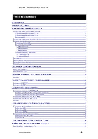 INITIATION À L'UTILISATION AVANCÉE DU TABLEUR




   Table des matières

INTRODUCTION....................................................................................................................................................1
TABLE DES MATIÈRES........................................................................................................................................2
NOTIONS ESSENTIELLES DU TABLEUR..........................................................................................................4
   LA STRUCTURE VISIBLE D’UN FICHIER DU TABLEUR ..............................................................................................................4
     Le fichier du tableur OpenOffice Calc.................................................................................................................4
     Le fichier du tableur Microsoft Excel...................................................................................................................4
     Interopérabilité...................................................................................................................................................4
   LA STRUCTURE VISIBLE D’UNE FEUILLE DE CALCUL..............................................................................................................4
   LA NOTION DE CELLULE................................................................................................................................................4
     Le contenu d’une cellule.....................................................................................................................................4
     Les adresses d’une cellule...................................................................................................................................4
        L’adresse absolue............................................................................................................................................5
        L’adresse relative............................................................................................................................................5
        L’adresse mixte...............................................................................................................................................6
     L’adresse complète d’une cellule.........................................................................................................................7
        En OpenOffice Calc........................................................................................................................................7
        En Microsoft Excel.........................................................................................................................................8
   LES FORMULES...........................................................................................................................................................8
   LES FONCTIONS DE BASE...............................................................................................................................................8
   LES REPRÉSENTATIONS GRAPHIQUES.................................................................................................................................9
   EXERCICES...............................................................................................................................................................10
UTILISATION GUIDÉE DE FONCTIONS.........................................................................................................13
   DANS OPENOFFICE CALC...........................................................................................................................................13
   DANS MICROSOFT EXCEL...........................................................................................................................................14
EXPRIMER DES CONDITIONS DANS UNE FORMULE.................................................................................16
   EXERCICES...............................................................................................................................................................17
FONCTIONS D’AGRÉGATION CONDITIONNELLES....................................................................................20
   LA FONCTION COUNTIF..........................................................................................................................................20
   LA FONCTION SUMIF...............................................................................................................................................21
LES FONCTIONS DE RECHERCHE..................................................................................................................22
   LA RECHERCHE VERTICALE PAR VLOOKUP.................................................................................................................22
     Le critère de recherche doit correspondre exactement........................................................................................22
     Le critère de recherche peut être approximatif...................................................................................................22
   LA RECHERCHE HORIZONTALE AVEC HLOOKUP............................................................................................................24
   LA RECHERCHE AVEC MATCH ET OFFSET................................................................................................................24
   EXERCICE................................................................................................................................................................25
LE TRAITEMENT DES CHAÎNES DE CARACTÈRES....................................................................................27
   L’EXTRACTION DE SOUS CHAÎNES..................................................................................................................................27
     La fonction MID...............................................................................................................................................27
     La fonction LEFT.............................................................................................................................................27
     La fonction RIGHT...........................................................................................................................................28
   LA COMPOSITION DE CHAÎNES DE CARACTÈRES..................................................................................................................28
     La fonction CONCATENATE............................................................................................................................28
     L’opérateur &..................................................................................................................................................28
LE TRAITEMENT DES INDICATIONS DE TEMPS.........................................................................................30
AGRÉGER DE GRANDS VOLUMES DE DONNÉES........................................................................................32
   LE « DATA PILOT » D’OPENOFFICE CALC....................................................................................................................32


                © 2006-2009 par Jean-Marie Jans                                                                                                               -2 -
 