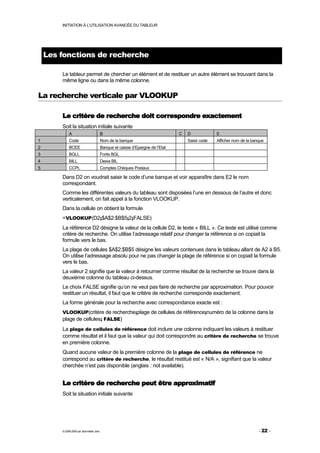 INITIATION À L'UTILISATION AVANCÉE DU TABLEUR




    Les fonctions de recherche

        Le tableur permet de chercher un élément et de restituer un autre élément se trouvant dans la
        même ligne ou dans la même colonne.

La recherche verticale par VLOOKUP

        Le critère de recherche doit correspondre exactement
        Soit la situation initiale suivante
             A                            B                                      C   D             E
1            Code                         Nom de la banque                           Saisir code   Afficher nom de la banque
2            BCEE                         Banque et caisse d’Epargne de l’Etat
3            BGLL                         Fortis BGL
4            BILL                         Dexia BIL
5            CCPL                         Comptes Chèques Postaux

        Dans D2 on voudrait saisir le code d’une banque et voir apparaître dans E2 le nom
        correspondant.
        Comme les différentes valeurs du tableau sont disposées l’une en dessous de l’autre et donc
        verticalement, on fait appel à la fonction VLOOKUP.
        Dans la cellule on obtient la formule
        =VLOOKUP(D2;$A$2:$B$5;2;FALSE)
        La référence D2 désigne la valeur de la cellule D2, le texte « BILL ». Ce texte est utilisé comme
        critère de recherche. On utilise l’adressage relatif pour changer la référence si on copiait la
        formule vers le bas.
        La plage de cellules $A$2:$B$5 désigne les valeurs contenues dans le tableau allant de A2 à B5.
        On utilise l’adressage absolu pour ne pas changer la plage de référence si on copiait la formule
        vers le bas.
        La valeur 2 signifie que la valeur à retourner comme résultat de la recherche se trouve dans la
        deuxième colonne du tableau ci-dessus.
        Le choix FALSE signifie qu’on ne veut pas faire de recherche par approximation. Pour pouvoir
        restituer un résultat, il faut que le critère de recherche corresponde exactement.
        La forme générale pour la recherche avec correspondance exacte est :
        VLOOKUP(critère de recherche;plage de cellules de référence;numéro de la colonne dans la
        plage de cellules; FALSE)
        La plage de cellules de référence doit inclure une colonne indiquant les valeurs à restituer
        comme résultat et il faut que la valeur qui doit correspondre au critère de recherche se trouve
        en première colonne.
        Quand aucune valeur de la première colonne de la plage de cellules de référence ne
        correspond au critère de recherche, le résultat restitué est « N/A », signifiant que la valeur
        cherchée n’est pas disponible (anglais : not available).


        Le critère de recherche peut être approximatif
        Soit la situation initiale suivante




        © 2006-2009 par Jean-Marie Jans                                                                                  - 22 -
 