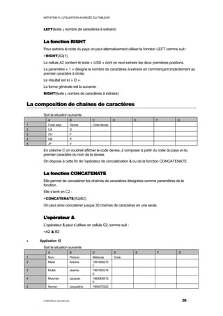 INITIATION À L'UTILISATION AVANCÉE DU TABLEUR



      LEFT(texte ; nombre de caractères à extraire)


      La fonction RIGHT
      Pour extraire le code du pays on peut alternativement utiliser la fonction LEFT comme suit :
      =RIGHT(A2;1)
      La cellule A2 contient le texte « USD » dont on veut extraire les deux premières positions.
      La paramètre « 1 » désigne le nombre de caractères à extraire en commençant implicitement au
      premier caractère à droite.
      Le résultat est ici « D ».
      La forme générale est la suivante :
      RIGHT(texte ; nombre de caractères à extraire)


La composition de chaînes de caractères
      Soit la situation suivante
           A                            B            C             D      E   F             G
1          Code pays                    Devise       Code devise
2          US                           D
3          CH                           F
4          GB                           P
5          JP                           Y

      En colonne C on voudrait afficher le code devise, à composer à partir du code du pays et du
      premier caractère du nom de la devise.
      On dispose à cette fin de l’opérateur de concaténation & ou de la fonction CONCATENATE.


      La fonction CONCATENATE
      Elle permet de concaténer les chaînes de caractères désignées comme paramètres de la
      fonction.
      Elle s’écrit en C2 :
      =CONCATENATE(A2;B2)
      On peut ainsi concaténer jusque 30 chaînes de caractères en une seule.


      L’opérateur &
      L’opérateur & peut s’utiliser en cellule C2 comme suit :
      =A2 & B2

•   Application 15
      Soit la situation suivante
           A                            B            C             D      E    F             G
1          Nom                          Prénom       Matricule     Code
2          Meier                        Antoine      1951060215
                                                     1
3          Muller                       Jeanne       1961090314
                                                     2
4          Musman                       Jacques      1983060513
                                                     5
5          Namen                        Jacqueline   1955072222



      © 2006-2009 par Jean-Marie Jans                                                           - 28 -
 