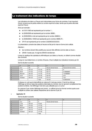 INITIATION À L'UTILISATION AVANCÉE DU TABLEUR




    Le traitement des indications de temps

         Les indications de date ou d’heure sont mémorisées sous forme de nombres. Il est important
         d’avoir compris que la partie entière du nombre exprime la date, tandis que la partie décimale
         exprime l’heure.
         Ainsi par exemple :
                    le 01/01/1900 est représenté par le nombre 1 ;
                    le 25/09/2006 est représenté par le nombre 38985 ;
                    le 25/09/2006 à midi est représenté par le nombre 38985,5 ;
                    le 25/09/2006 à 18h00 est représenté par le nombre 38985,75 ;
                    07h15 est représenté par le nombre 0,302083333333333.
         La présentation correcte des dates et heures se fait par la mise en forme de la cellule.
         Attention :
                    les nombres doivent être positifs pour pouvoir être affichés comme date ou heure ;
                    24h00 n’existe pas. Il s’agit de 00h00 le lendemain.
         Lorsqu’on applique les opérateurs arithmétiques aux dates ou heures, on obtient comme résultat
         des nombres.
         Lorsqu’on veut déterminer un nombre d’heures, il faut multiplier les indications horaires par 24.
         Soit la situation suivante
              A                            B         C         D                       E
1             Jour                         De        A         Heures (format heure)   Heures (format nombre)
2             Lundi                        08 h 00   16 h 00   08 h 00                 8
3             Mardi                        07 h 55   17 h 05   09 h 10                 9,166666667
4             Mercredi                     06 h 00   13 h 55   07 h 55                 7,916666667
5             Jeudi                        07 h 10   16 h 55   09 h 45                 9,75
6             Vendredi                     06 h 25   13 h 40   07 h 15                 7,25
7                                                    Total     18 h 05                 42,08333333

         Ci-dessus on voit que le total affiché en colonne D n’est pas correct. C’est dû au fait que
         l’affichage se fait sur base des positions décimales du nombre, tout en ignorant complètement les
         positions entières. Cet affichage n’est donc pas utilisable pour un cumul.
         En colonne E par contre l’affichage est correct : on affiche le tout en format nombre après avoir
         multiplié le contenu des cellules respectives de la colonne D par 24.

•      Application 16
         Soit la situation suivante
              A                            B         C         D                       E
1             Jour                         De        A         Heures (format heure)
2             Lundi                        08 h 00   16 h45
3             Mardi                        07 h 55   17 h 35
4             Mercredi                     06 h 00   13 h 55
5             Jeudi                        07 h 10   16 h 55
6             Vendredi                     06 h 25   13 h 55
7                                                    Total




         © 2006-2009 par Jean-Marie Jans                                                                  - 30 -
 