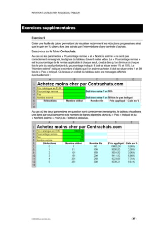 INITIATION À L'UTILISATION AVANCÉE DU TABLEUR




Exercices supplémentaires

    Exercice 9
    Créer une feuille de calcul permettant de visualiser notamment les réductions progressives ainsi
    que le gain en % obtenu lors des achats par l’intermédiaire d’une centrale d’achats.
    Basez-vous sur le fichier Centrachats.
    Au cas où les paramètres « Pourcentage remise » et « Nombre estimé » ne sont pas
    correctement renseignés, les lignes du tableau doivent rester vides. Le « Pourcentage remise »
    est le pourcentage de la remise applicable à chaque seuil, c’est à dire qu’on diminue à chaque
    fois le prix du seuil précédent du pourcentage indiqué. Il doit se situer entre 1% et 10%. Le
    “Nombre estimé” indique le nombre d’objets que l’on estime acheter. Il doit se situer entre 1 et 50
    fois le « Pas » indiqué. Ci-dessus un extrait du tableau avec les messages affichés
    éventuellement :




    Au cas où les deux paramètres en question sont correctement renseignés, le tableau visualisera
    une ligne par seuil concerné et le nombre de lignes dépendra donc du « Pas » indiqué et du
    « Nombre estimé ». Voir p.ex. l’extrait ci-dessous.




    © 2006-2009 par Jean-Marie Jans                                                          - 37 -
 