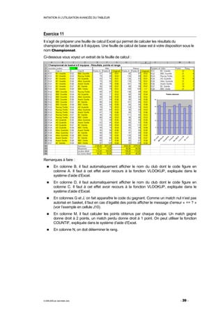 INITIATION À L'UTILISATION AVANCÉE DU TABLEUR




Exercice 11
Il s’agit de préparer une feuille de calcul Excel qui permet de calculer les résultats du
championnat de basket à 8 équipes. Une feuille de calcul de base est à votre disposition sous le
nom Championnat.
Ci-dessous vous voyez un extrait de la feuille de calcul :




Remarques à faire :
          En colonne B, il faut automatiquement afficher le nom du club dont le code figure en
           colonne A. Il faut à cet effet avoir recours à la fonction VLOOKUP, expliquée dans le
           système d’aide d’Excel.
          En colonne D, il faut automatiquement afficher le nom du club dont le code figure en
           colonne C. Il faut à cet effet avoir recours à la fonction VLOOKUP, expliquée dans le
           système d’aide d’Excel.
          En colonnes G et J, on fait apparaître le code du gagnant. Comme un match nul n’est pas
           autorisé en basket, il faut en cas d’égalité des points afficher le message d’erreur « <= ? »
           (voir l’exemple en cellule J10).
          En colonne M, il faut calculer les points obtenus par chaque équipe. Un match gagné
           donne droit à 2 points, un match perdu donne droit à 1 point. On peut utiliser la fonction
           COUNTIF, expliquée dans le système d’aide d’Excel.
           En colonne N, on doit déterminer le rang.




© 2006-2009 par Jean-Marie Jans                                                              - 39 -
 